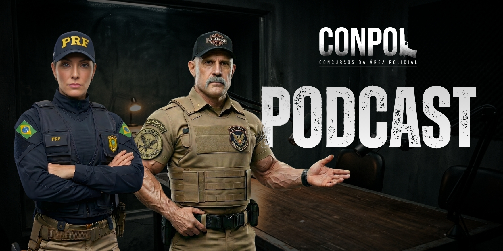 Banner de podcast da CONPOL com um sargento e uma policial federal em uniforme, com o título “PODCAST” em destaque.