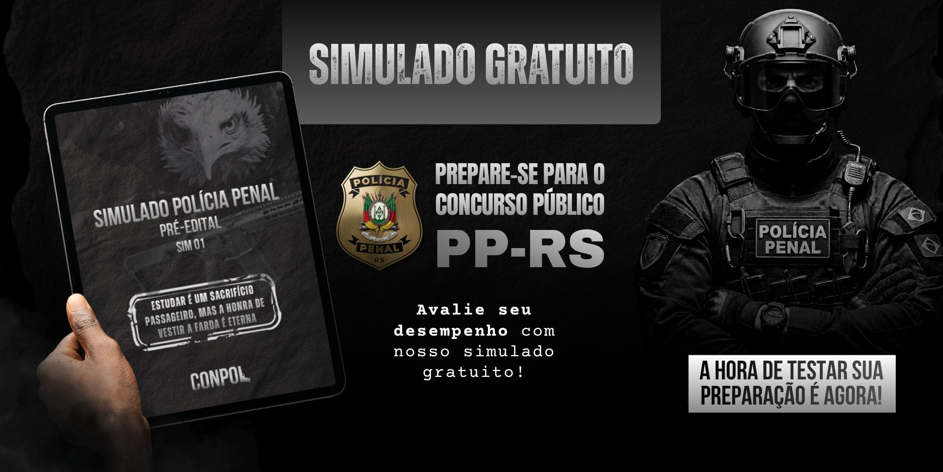 Banner do simulado gratuito para o concurso da Polícia Penal RS, com chamada para avaliar o desempenho: "Simulado gratuito – prepare-se para o concurso público PP-RS. A hora de testar sua preparação é agora!"